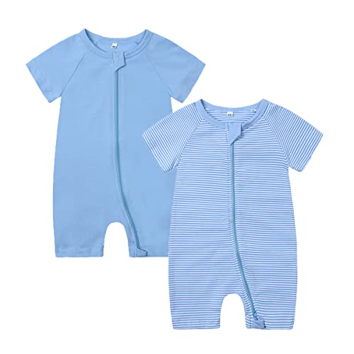 Image of Feidoog 2PCS Baby Boys and Girls' Summer Short Sleeve One-Piece Romper Cute Cartoon Zipper Jumpsuit Outfits