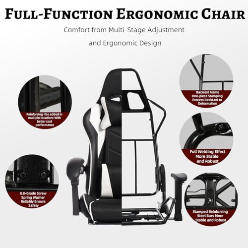 Image of Gaming Desk Chair for Adults, Ergonomic Gaming Chair with Footrest & Headrest and Lumbar Support, Leather Material Height Adjustable Computer Video Game Chairs (White Upgrade)
