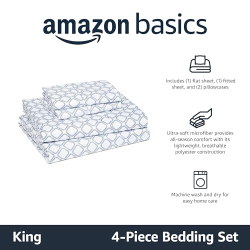 Image of Amazon Basics Lightweight Microfiber 4-Piece Bed Sheet Set, King, Aqua, Printed