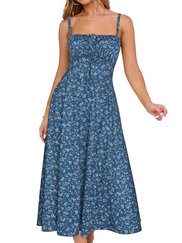 Image of YATHON Women's Summer Midi Corset Boho Dresses Spring Casual Floral Spaghetti Straps Lace Up Dress Flowy Aline Beach Sundress