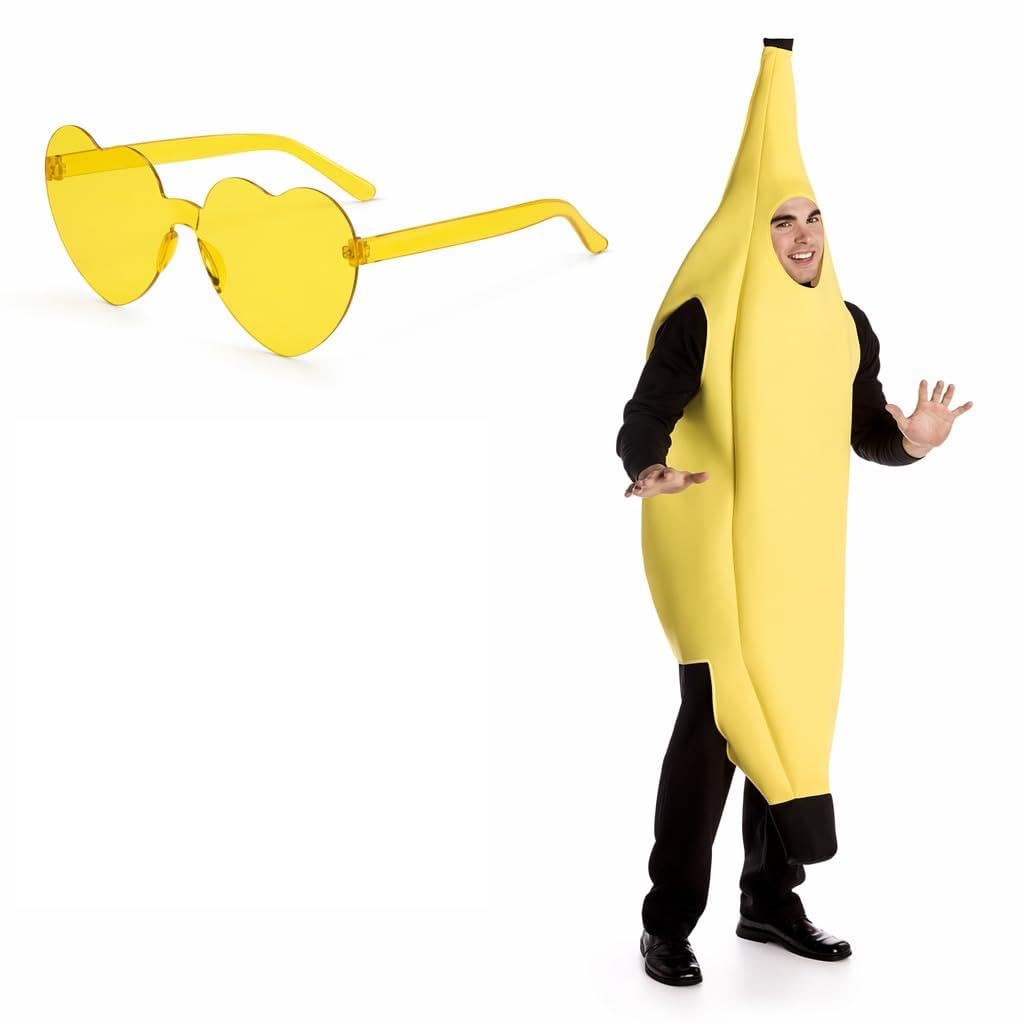 Efuwfugc Banana Costume Adult, Halloween Costumes with Yellow Glasses, Lightweight Unisex Fancy Dress for Parties, Festivals, and Cosplay Events, Complete Banana Outfit Set
