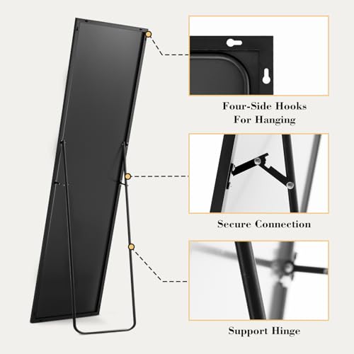 Sweetcrispy Full Length Mirror with stand, 59"x16" Floor Mirror with Aluminum Alloy Frame for Bedroom, Standing Full Body Mirror with Shatter-proorf Nano Glass for wall, Living Room, Cloakroom (Black)