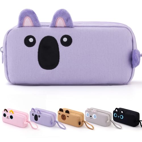 Image of CICIMELON Cartoon Pencil Case, Large Capacity Pen Pouch with Embroidered Animal Design, School Supplies Bag for Kids, Teens, Students (Purple Koala)