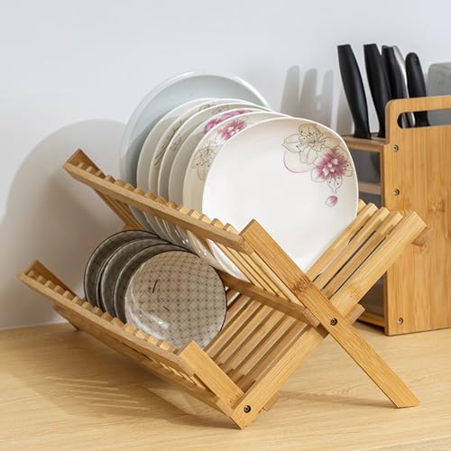 Scolapiatti pieghevole a 2 livelli, robusto ripiano da cucina naturale per asciugatura rapida, scolapiatti per piatti, coltelli, cucchiai