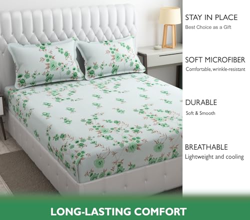 Image of Fresh From Loom Floral Print 240 TC Microfiber King Size Bedsheet Set with 2 Pillow Cover - Hypoallergenic & Soft (90 x 95 inch | Cyan, Floral Design)