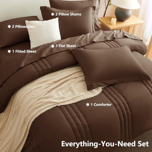 Image of CozyLux Oversized King Comforter Set Brown - 7 Pieces Bed in a Bag, Modern Vertical Quilted Room Decor, Soft All-Season Bedding Gift with Comforter, Sheets, Pillowcases & Shams