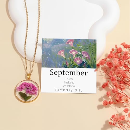 GolbalJew Birth Flower Necklace Handmade Month Floral Pendant Necklaces for Women - Real Pressed Flower Charm Jewelry, Personalized Birthday Gift3