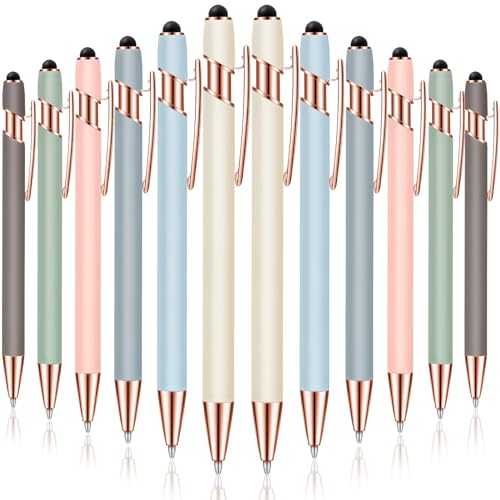 Tenare 12 Pieces 2 in 1 Stylus Metal Ballpoint Pen with Stylus Tip 1.0 mm Black Ink Ballpoint Pen for Touch Screens(Morandi Color)