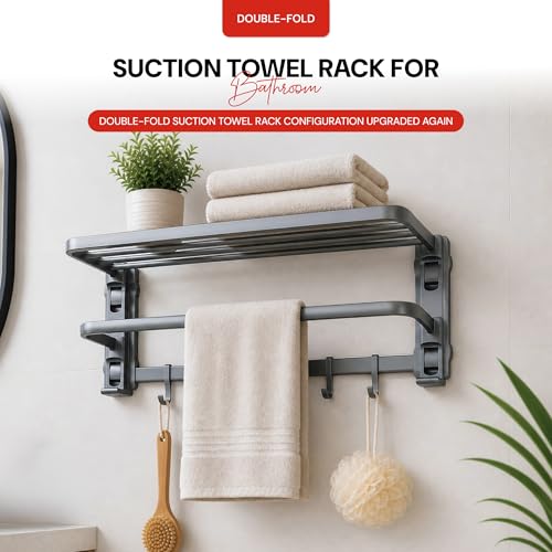 Image of Amazon Basics Suction Towel Rack for Bathroom | Rustproof Wall - Mounted Towel Holder with Hooks | Strong Vacuum Grip, No Drilling Required Grey