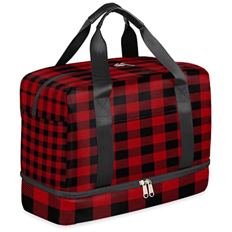 Funky Qiu Sport Gym Bag Buffalo Red Plaid Grid Travel Duffel Bag for Woman Man Lightweight Weekend Overnight Yoga Workout Bag with Shoe Compartment, Multi, One Size Cover