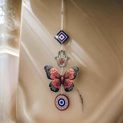 Image of Hamsa Hand Evil Eye Butterfly Wooden Wall Hanging for Home Decor | Hamsa Hand Decoration for Livingroom | Modern Artworks Items | Peace Charm Door Accent Decorative Hangings