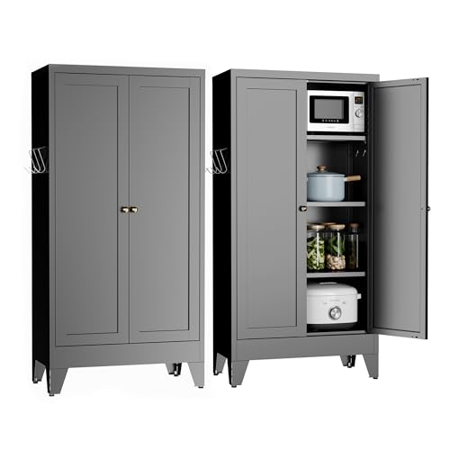 Image of 48 inch H Black Steel Pantry Storage Cabinet with 3 Adjustable Shelves | 4-Tier Tall Metal Cabinets for Kitchen, Living Room, Garage, Heavy Duty Freestanding Utility Cabinet, Assembly Required