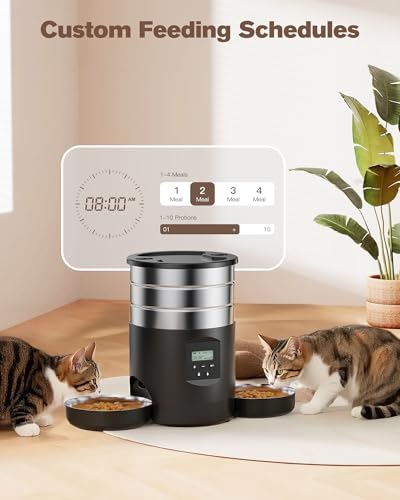 Futterautomat Katze 2 Näpfe Katzenfutter Automat: Edelstahl Futterspender Katze Programmierbarem Timer - 5L Hund Futterautomaten - Trockenfutterspender Zwei Stromquellen - für Klein/Mittlere Haustiere