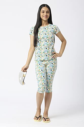 Image of SINI MINI Round Neck with Half Sleeve Top & Capri Beige Girls Casual Pack of 1 Night Suit Set