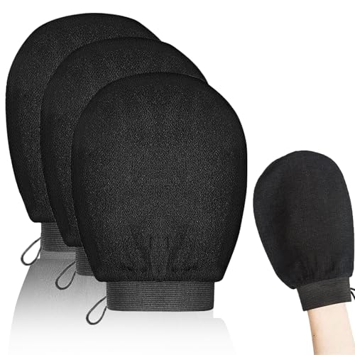 Hao Zhu Exfoliating Gloves, 3 Pack Body Scrub Glove Bath SPA Exfoliating Mitts, Dead Skin Remover Shower Body Scrub Gloves for Women and Men, Black