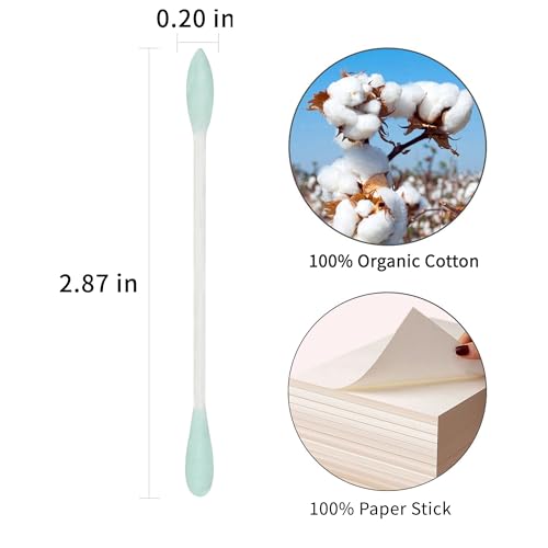Image of Green Cotton Swabs Precision Pointed - 400 Count Pointy Organic Cotton Buds Double Side Tightly Wrapped Cotton Tips Paper Stick Soft Gentle Lint-Free Cruelty-Free, Pointy & Round (Green)