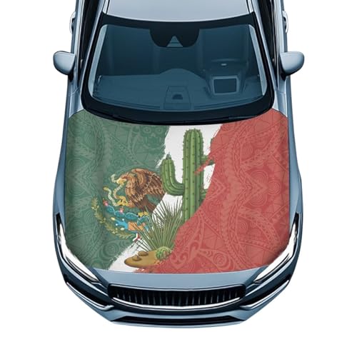 Image of Renewold Car Hood Cover, Mexico Flag Tropical Cactus, Party Holiday Camping Covers for Cars, Vehicle Hood Wrap Blanket, Women Men Automotive Exterior Accessories, for Outdoor Indoor