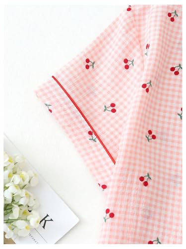 Image of BEAUDRM Women's Two Piece Pajama Sets Allover Print Short Sleeve Sleepwear Button Down Shirt and Bow Shorts Pj Set Loungewear