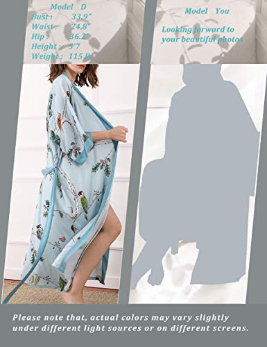 Aensso long silky kimono robes for women, lightweight & soft floral bridal robe, Teal Birds, One Size