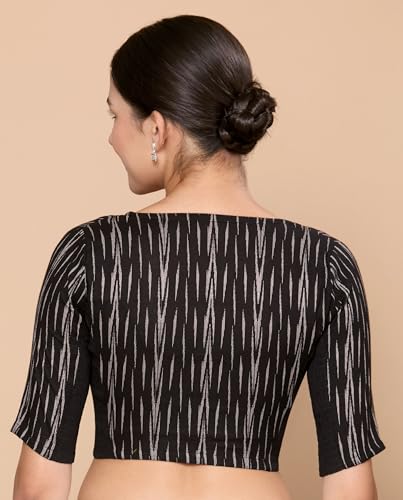 Image of Studio Shringaar Women's Cotton Half Sleeves Ikat Stretchable (Smocked) Readymade Saree Blouse