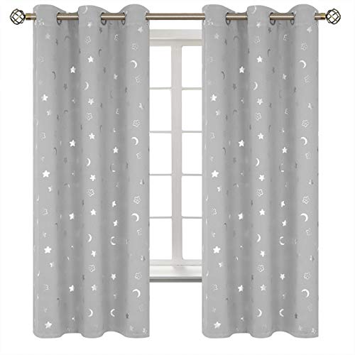 BGment Moon and Stars Blackout Curtains for Kids Bedroom, Grommet Thermal Insulated Room Darkening Printed Curtains for Nursery, 2 Panels of 42 x 63 Inch, Light Grey