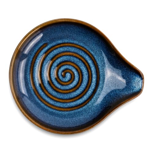 Handcrafted Ceramic Spoon Rest with Spiral Design - Blue Glaze Utensil Holder for Kitchen Counter, Heat Resistant Stoneware Cooking Accessory