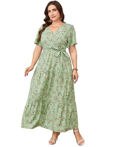 Image of ShopWonder Womens Plus Size V Neck Wrap Maxi Dress High Waist Ruffle Summer Casual Dress with Belt