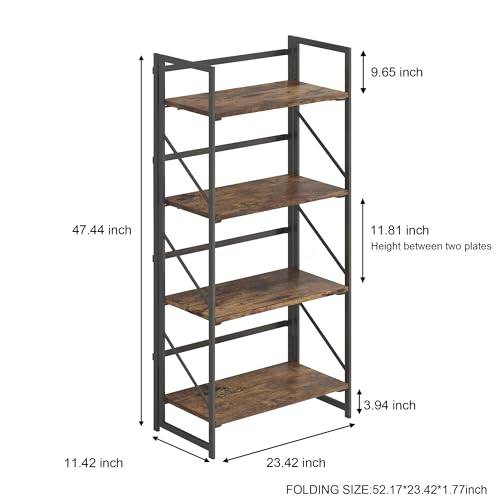 Image of JSB No Assembly Folding Bookshelf, 4 Tier Industrial Metal Book Shelf for Storage, Vintage Wood Foldable Bookcase for Living Room, Bedroom, Office Organization Shelves