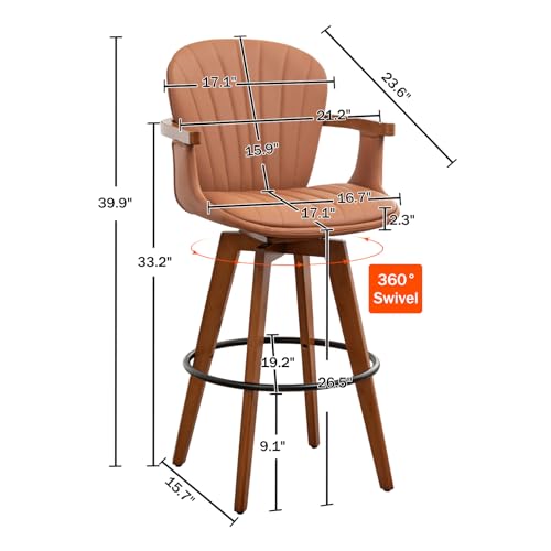 Image of LUNLING 26 inch Counter Height Stools Set of 3.Mid Century Modern Bar Stools,Brown PU Leather Kitchen Island Stools,Wood High Barstools Swivel with Back and Arms for Home Bar Furniture
