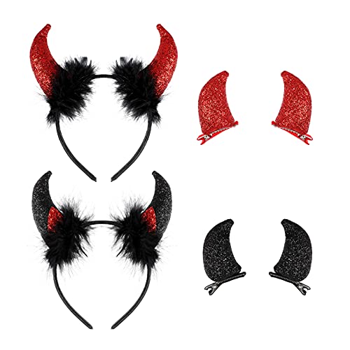 Lurrose 2Pcs Halloween Devil Horns Headbands Halloween Devil Headband Set with 2 Pairs Devil Horn Hair Clips Headband Clamps Hair Accessories for Halloween Devil Costume Accessories
