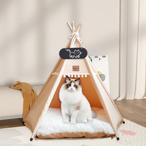Mooipet Tipi Zelt für Haustiere mit doppelseitigem Kissen Haustierzelt für Hunde/Katzen Haustierhütte Abnehmbar und Waschbar Hundehaus für Meerschweinchen Kaninchen Hamster Kätzchen 40x40x50cm
