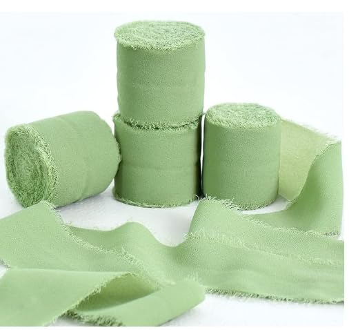 TONIFUL 4 Rolls 1-1/2 Inch Sage Green Lime Green Chiffon Silk Ribbon 22yds Handmade Fringe Chiffon Ribbons Set for Wedding Invitations Bridal Bouquets - Image 3