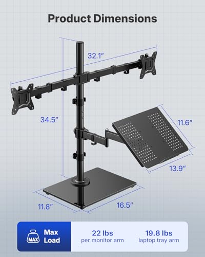Image of HUANUO Dual Monitor Stand with Laptop Desk Mount, Freestanding Glass Base