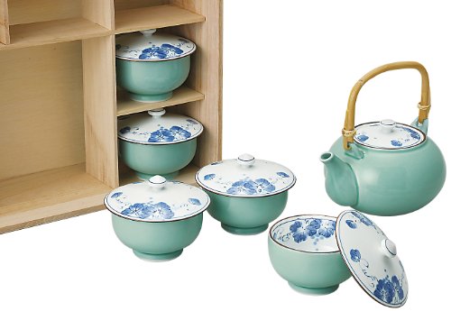 Saikai Pottery 31804 Hasami Ware Earthenware Tea Set with Lid, Hanging Grape Pattern, Wooden Box