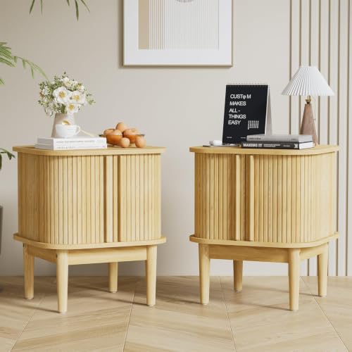 Image of Furniway Mid Century Nightstands Set of 2, Fluted Bedside Tables with Sliding Door Storage, Wooden End Tables with Solid Wood Legs for Bedroom, Natural