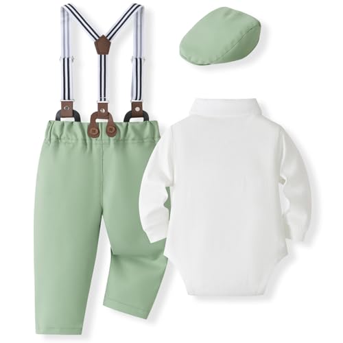 Image of SALNIER Baby Boy Suit Set Infant Formal Outfit Tuxedo | Soft Cotton Shirt Suspenders Pants Bow Tie Beret Hat 5pcs Set, For Wedding Baptism Birthday Party
