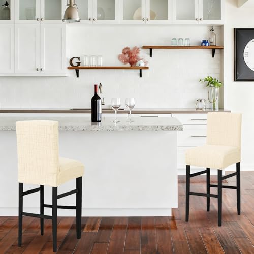 Image of JIUZHEN Ivory Stretch Velvet Bar Stool Counter Covers Set of 2 | Washable Removable Rectangular Seat Covers, Water Resistant, Kitchen, Dining, Pub, Hotel, Wedding and Party Counter Stools