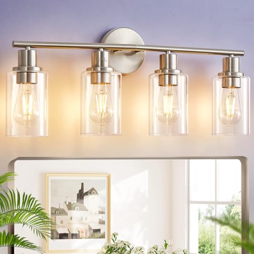 Image of DLLT 4-Light Bathroom Light Fixtures: Nickel Modern Vanity Lights with E26 Bulbs - Clear Glass Shade Bathroom Wall Lamp for Mirror Kitchen Living Room Hallway Cabinet Porch