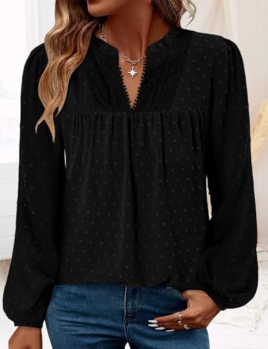 BETTE BOUTIK Women Boho Long Sleeve Shirts Dressy Casual V Neck Fall Fashion Tops Swiss Dot Flowy Blouses