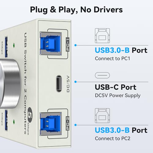 Image of USB 3.0 Switch 2 Computers Sharing USB A & 3.5mm Wired Headset Devices, 4 Port USB Switcher for Keyboard and Mouse, Printer /Scanner with 2 USB3.0 Cables, Grey