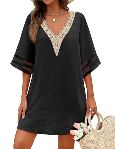 AI'MAGE Women's Swimsuit Cover Up 3/4 Bell Sleeve Loose Beachwear Deep V-Neck Bikini T-Shirt Beach Dress S-XXL