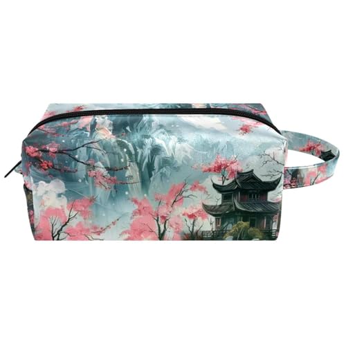 Neceser de viaje para mujer, bolsa de maquillaje de piel de microfibra con cremallera, práctico organizador con cremallera, pintura de cerezo, lago, montaña, multicolor, 8.2x3.1x3.5 in/21x8x9 cm,