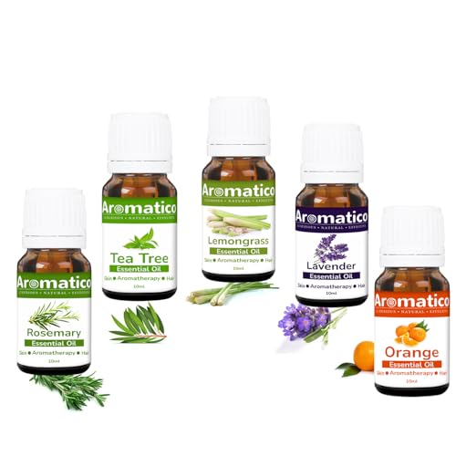 Aromatico Natural Essential Oils Pack of 5. Rosemary, Tea-Tree, Lavender, Lemongrass & Orange. Therapeutic Grade, 100% Pure & Natural. Combo Pack - 10mlX5