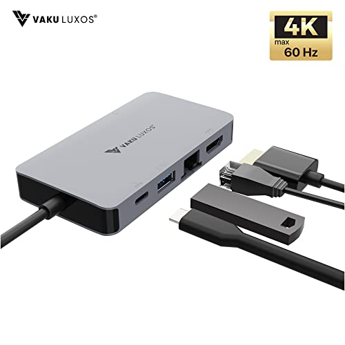 Image of Vaku Luxos USB Hub Type C Ultron Rage 6IN1 multiport USB 3.0 High-Speed Adapter connector (5GBPS) data transfer Converter Extension, Type C PD, VGA, Ethernet, 4K HDMI docking station USB A Port Compatible with Macbook Air Pro (M1, M2 etc), iPad Pro Air, Laptop, and Other Type C Mobile & Devices