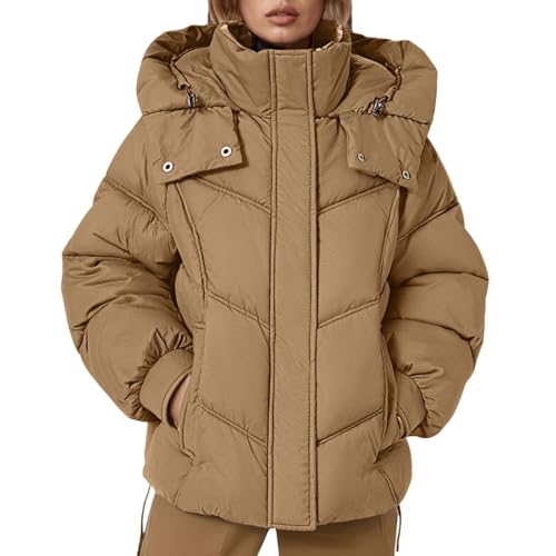 Duohropke Chaqueta de invierno para mujer, chaqueta acolchada corta con capucha extraíble, monocolor, acolchada, chaqueta acolchada cálida, chaqueta acolchada ligera, chaqueta de entretiempo, chaqueta