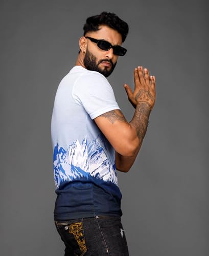 Image of WANDERLOOMS Men Tshirt Front & Back Graphic Printed Full Print Tshirt for Men Round Neck Half Sleeve T-Shirt Blue
