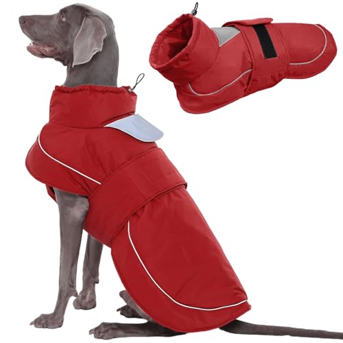 Kuoser Hundemantel Hundejacke, Warme Hundejacke für Große Hunde, Wasserdicht, Mit Reflektierendem Streifen & Leinenöffnung, Leichtes Anziehen durch Klettverschluss, Rot 2XL