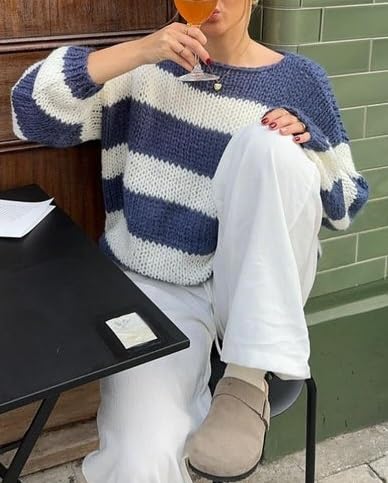 Women Oversized Stripe Sweater Y2k Vintage Long Sleeve Round Neck Colorblock Pullover Casual Knitted Jumper Top3
