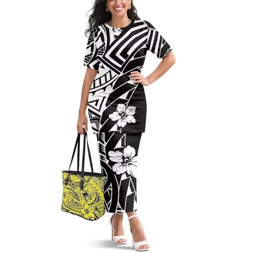 Image of Puletasi Samoan Traditional 2 Piece Outfits for Women Short Sleeve Crop Top and Maxi Skirt Sets Puletasi Dress