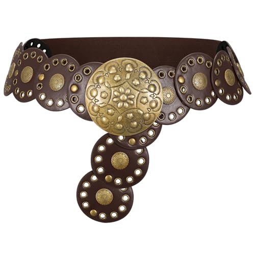 Western Boho Chunky Cowgirl Disc Belt for Women Circle Country Concho Big Wide Leather Elastic Waist Belts